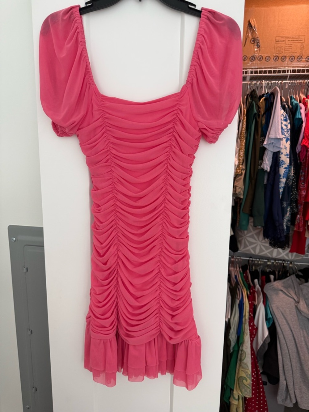 Chelsea & Violet Hot Pink Ruched Puff-Sleeve Mini Dress